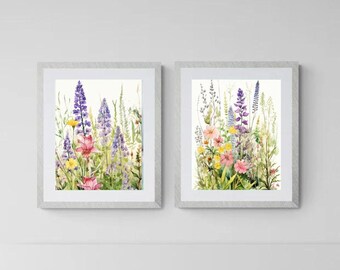 Wildflower prints Vintage Botanical Print set of 2 flower drawing decor  floral watercolour artful boho wall decoration digital download