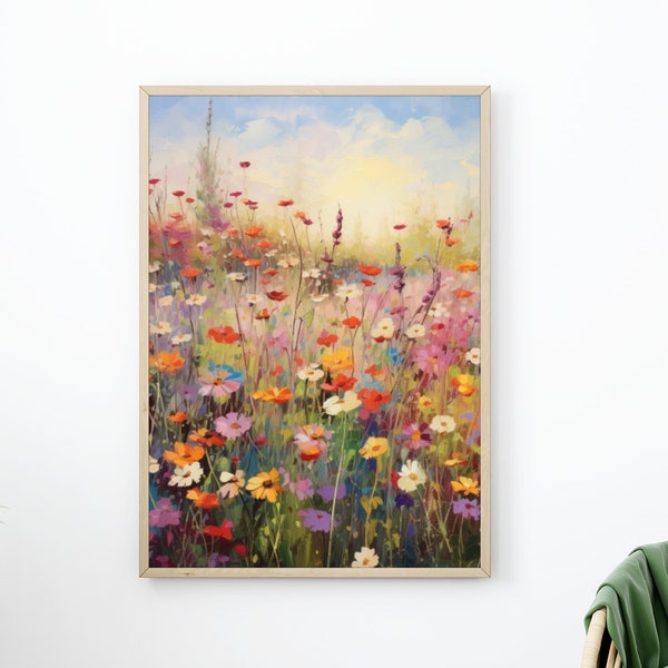 Printable Wildflower Field Landscape watercolor Painting, Vintage Landscape Art Print, Colorful Country Field Wall Art Digital Download