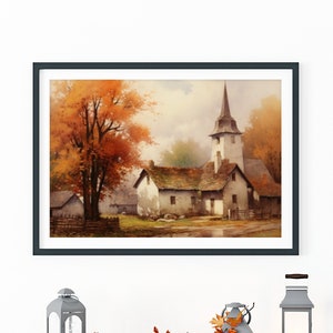 Autumn Landscape Print Vintage Fall  Poster Vintage Church Art Rustic Fall Decor Moody Wall Art Digital Download