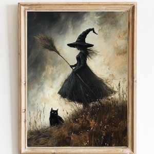 Impresión artística de bruja y gato, póster vintage de Halloween, caprichoso gato negro, decoración de Halloween, arte de pared gótico, impresión de bruja, arte gótico oscuro 673
