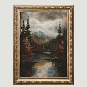 Dark Forest Printable, Vintage Autumn Lake Landscape Print, Rustic Fall Forest poster, fall cabin Decor, Muted Neutral Farmhouse art 904