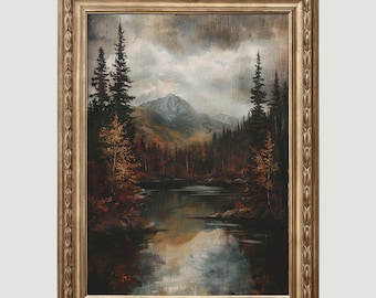 Imprimible de bosque oscuro, impresión vintage de paisaje de lago otoñal, póster de bosque rústico otoñal, decoración de cabaña otoñal, arte de granja neutro apagado 904