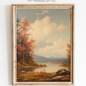 Impresión de paisaje otoñal, póster vintage de otoño, arte de bosque y lago, decoración rústica de otoño, arte de pared melancólico, descarga digital de otoño