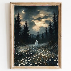 Ghost in Forest art Magical Flower Meadow Print Whimsical Halloween Decor Dark Academia  Spooky Wall Art Fall Season cute ghost print 701