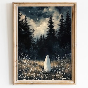 Ghost in Forest art Magical Flower Meadow Print Whimsical Halloween Decor Dark Academia  Spooky Wall Art Fall Season cute ghost print 662