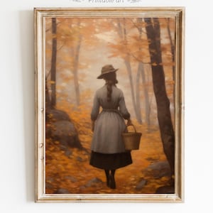 Rustic Fall Decor Woman Fall Forest Painting Fall Art  Vintage Autumn Art Oil Painting  Thanksgiving Decor Digital Download