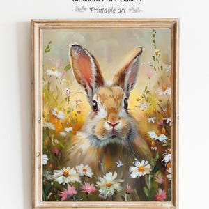 May include: A painting of a brown rabbit with white fur sitting in a field of white and yellow flowers. The rabbit is looking directly at the viewer.