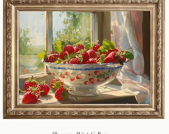 Strawberry Still Life Painting, Fruit Print, Vintage Summer Print, Farmhouse Decor, Fruit wall art, vintage Colorful window printable 816