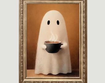 May include: A framed print featuring a friendly ghost holding a steaming black coffee cup. The ghost is white with two black eyes, set against a warm brown background. The frame is gold. The print is from Blossom Print Gallery.