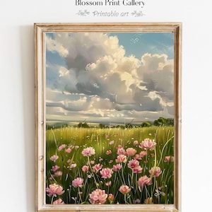 Pastel Pink Wildflower Landscape Print, Summer Pink flower Field, Vintage Wildflower Art, Nursery Wall Art, Spring Floral Wall Art 933