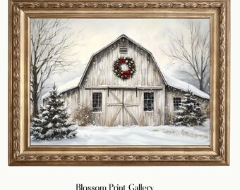 Rustic Christmas barn Wall Art Christmas Tree print Winter Country Landscape Painting Winter Art Barn Print Vintage Christmas printable 802