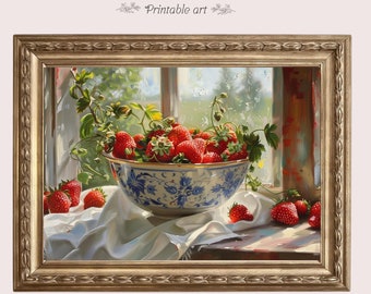 Strawberry Still Life Painting Fruit Print Spring Decor Vintage Summer Print Farmhouse Decor Botanical art Colorful window printable 730