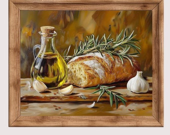 Vintage keukenstillevenolieverfschilderij: olijfolie, brood, knoflook (afdrukbaar)