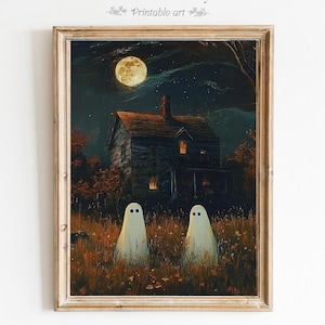 Ghost on Flower Meadow Print Halloween Decor Dark Academia print Cute Ghosts in Field Spooky Vintage Halloween Printable Wall Art 655