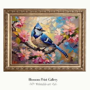 Blauhäher auf blühendem Zweig Wandbild, romantischer Stil Wandbild, Sommer Cottagecore Vogel Wanddekor 887