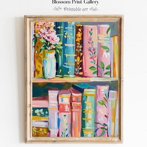 Pastel Book Stack Painting, spring wall art, Reading Nook Decor, Colorful Whimsical Bookshelf, Book Lovers gift, Home Library decor 862