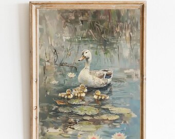 Vintage Enten Wandkunst, Osterdruck, Frühlingsbauernhausdekor, rustikale Wohnkultur, Entchen Osterdekoration, neutrale schwermütige Cottagecore Kunst 849