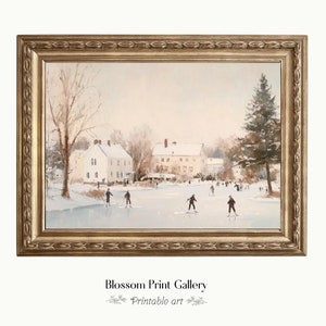 Vintage Winter Painting, Ice Skating wall art, Neutral Christmas Printable Art Cozy Winter Scene, Festive Antique Holiday Decoration 794