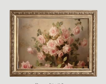 Vintage Pink Roses Wall Art Still Life Oil Painting Muted Antique Decor Neutral Print Farmhouse Decor Botanical Wall Art Rose PRINTABLE 453