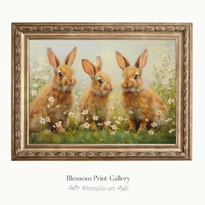 Vintage Rabbits Painting, Spring Bunnies in Wildflower Field Printable, Nursery Wall art, easter rabbit art, Vintage bunny poster 842