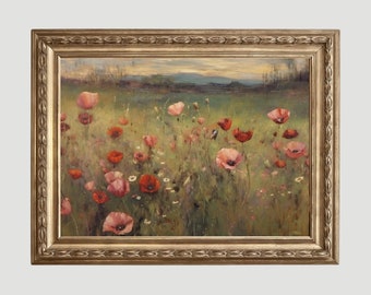 May include: A painting of a field of red poppies in a gold frame. The painting is a landscape with a field of flowers in the foreground and a distant horizon in the background.