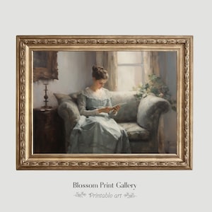 Antique Portrait Woman Reading vintage Book printable Bedroom Wall Art Still life Decor Digital Download 340