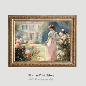 Vintage Garden Flower Painting Roses Garden wall art antique Landscape Decor Summer Muted Cottage Painting PRINTABLE Digital 367