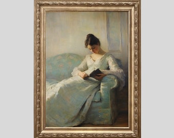 Antique Portrait Woman Reading vintage Book art Vintage Print Bedroom Wall Decor Still life Decor Neutral Tones Digital Download 499