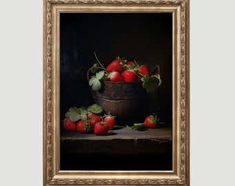 Moody Strawberries Painting Vintage Fruit Still Life Kitchen Home Decor Antique Oil Painting Country Kitchen Wall Art PRINTABLE Digital 495