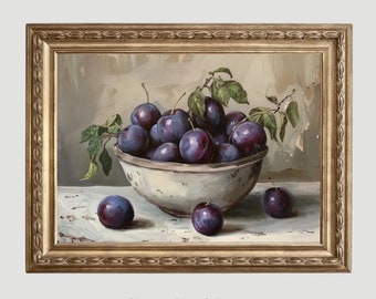 Moody Plums Painting Vintage Fruit Still Life Kitchen Home Decor Antique Oil Painting Country Kitchen Wall Art Fruit  PRINTABLE Digital 559