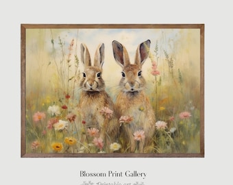 May include: Two brown rabbits with long ears stand in a field of wildflowers. The rabbits are looking at the viewer. The background is a soft, blurred, yellow and green.