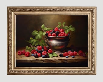 Moody Raspberries Painting Vintage Fruit Still Life Kitchen Home Decor Oil Painting Country Kitchen Wall Art PRINTABLE 318