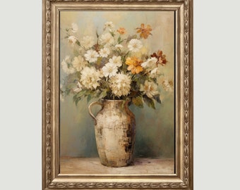Antique Spring Flowers Still Life Oil Painting Country Kitchen Wall Art Neutral Vintage Print Farmhouse Decor Wild Flower PRINTABLE 306