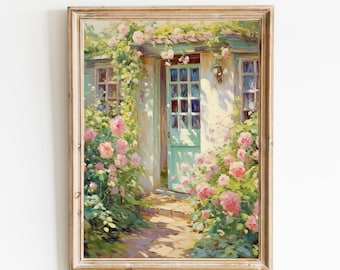 Rose Garden Oil Painting Print, Rustic Farmhouse Wall Art (Digital Download)