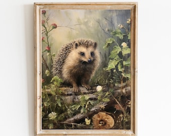 May include: A painting of a hedgehog in a forest setting. The hedgehog is brown and has a white belly. It is standing on a log with green leaves and flowers around it.