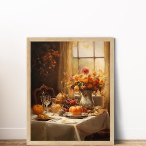 Rustic Fall Decor Dinner Table Interior Still Life Wall Art Printable Vintage Autumn Art Oil Painting Thanksgiving  Digital Download