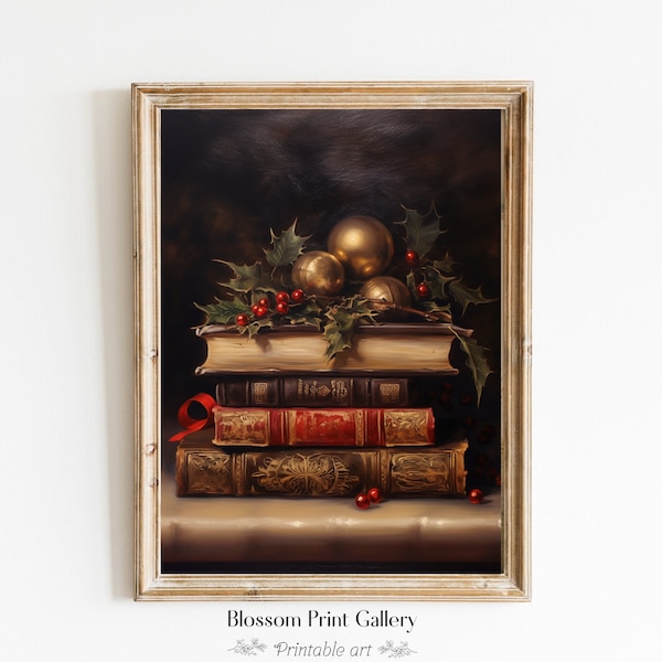 Vintage Christmas Book Still Life Art Print | Dark Academia Holiday Decor (Digital Download)