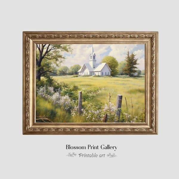Vintage church Print spring Landscape oil Painting Farmhouse Decor Living Room wall art Country Scenery PRINTABLE Digital Download 374
