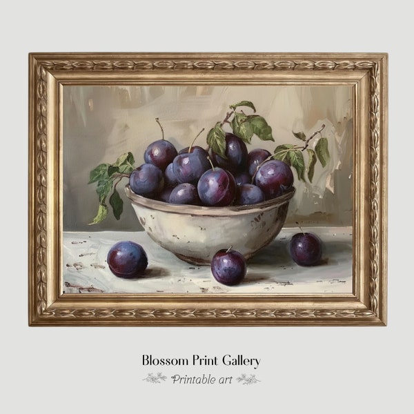 Moody Plums pintura vintage fruta bodegón cocina decoración del hogar pintura al óleo antigua cocina del país pared arte fruta IMPRIMIBLE Digital 559