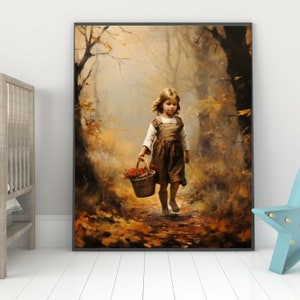 Rustic Fall Decor Little Girl Fall Forest Painting Fall Art Vintage Autumn Art Oil Painting Thanksgiving Decor Digital Download