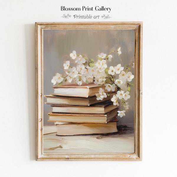 Rustic Spring Wall Art Book Art Still Life Flower Print Vintage Oil Paint Stack of Books decor Easter Print Light Academia Printable 382