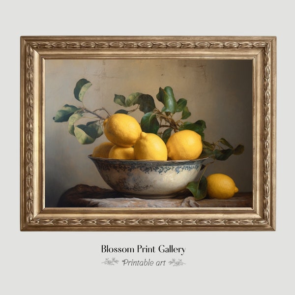 Moody Lemons peinture vintage fruits nature morte cuisine décoration d'intérieur ancienne peinture à l'huile pays cuisine art mural imprimable numérique 321