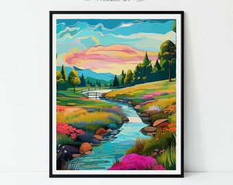 Abstract Creek Landscape Artwork flower Painting Farmhouse Decor Colorful Living Room wall art Vivid Country Scenery PRINTABLE Download 451