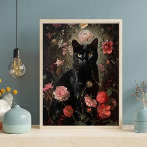 May include: A black cat with green eyes sits in a lush garden of pink and red flowers. The cat is surrounded by green leaves and stems.