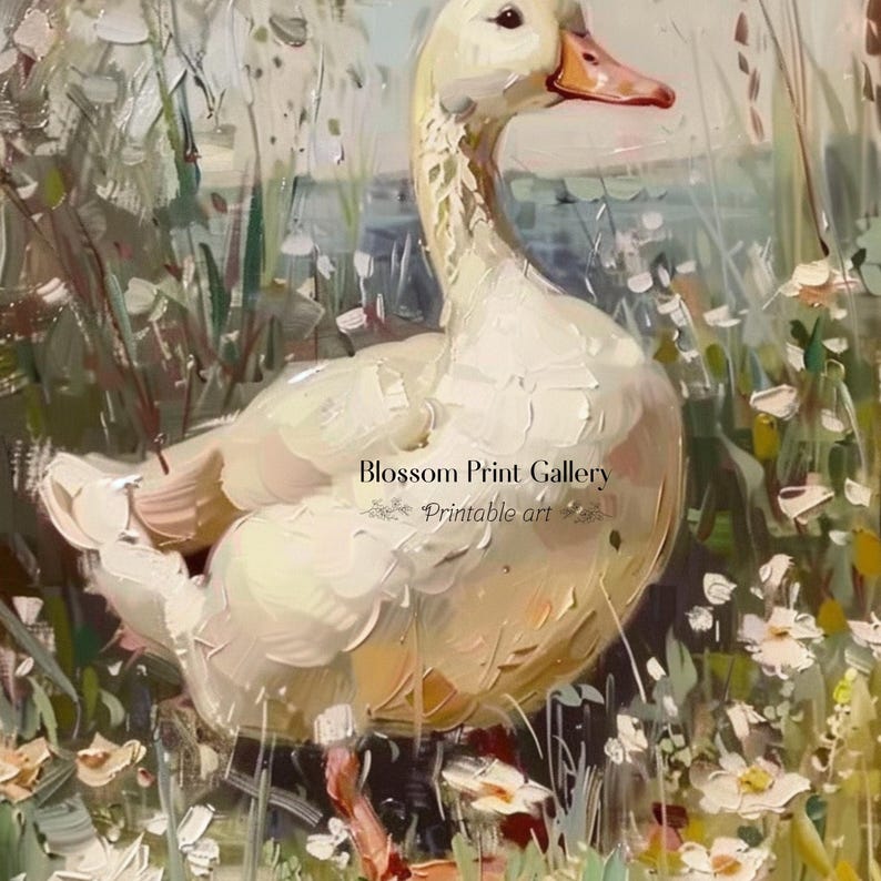 May include: A white goose with a long neck and orange beak stands in a field of white flowers. The goose is facing the right side of the image. The background is a blurred image of green grass and white flowers. The text "Blossom Print Gallery - Printable art" is in the lower center of the image.