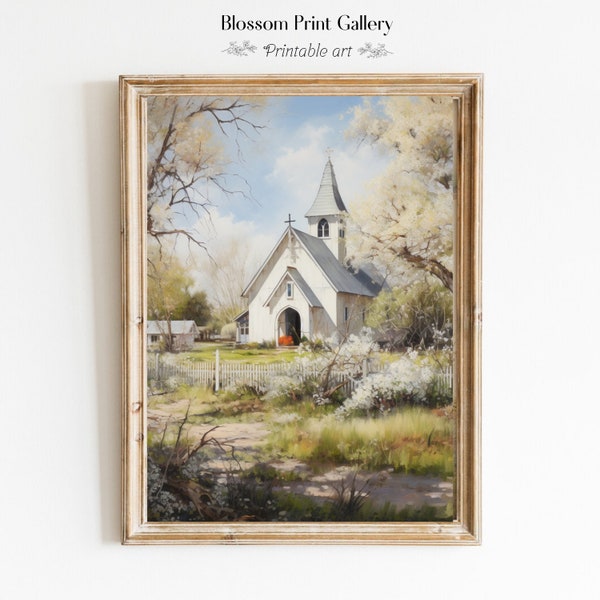 Vintage church Print spring Landscape oil Painting Farmhouse Decor Living Room wall art Country Scenery PRINTABLE Digital Download 438