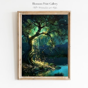 魔法の木とホタルのプリント可能な壁アート、夜景アート、魅惑的なイラスト、ダークアカデミアのポスター、ファンタジー湖のクリップアート 999