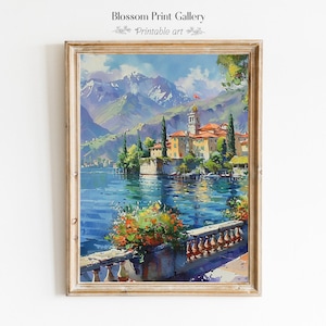 Italia Lago di Como Acquerello Dipinto Paesaggio vibrante Stampa Arte di viaggio Estetica Natura Arte murale Paesaggio italiano stampabile 530