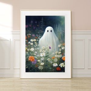 PRINTABLE Cute Ghost on a Flower Meadow wall art Spooky vintage Painting poster Halloween Ghost print Farmhouse Halloween Decor boho Ghost