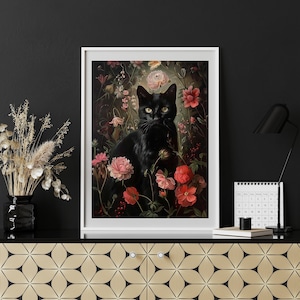 May include: A black cat with green eyes sits in a lush garden of pink and red flowers. The cat is surrounded by greenery and foliage, creating a dark and mysterious atmosphere.
